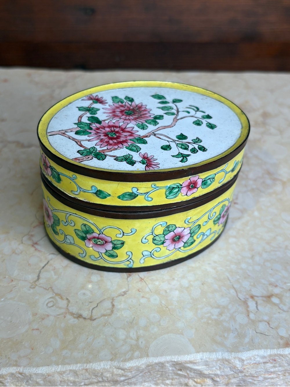 Vintage Chinese Canton Enamel Floral Metal Trinket Box Yellow Pink Green White